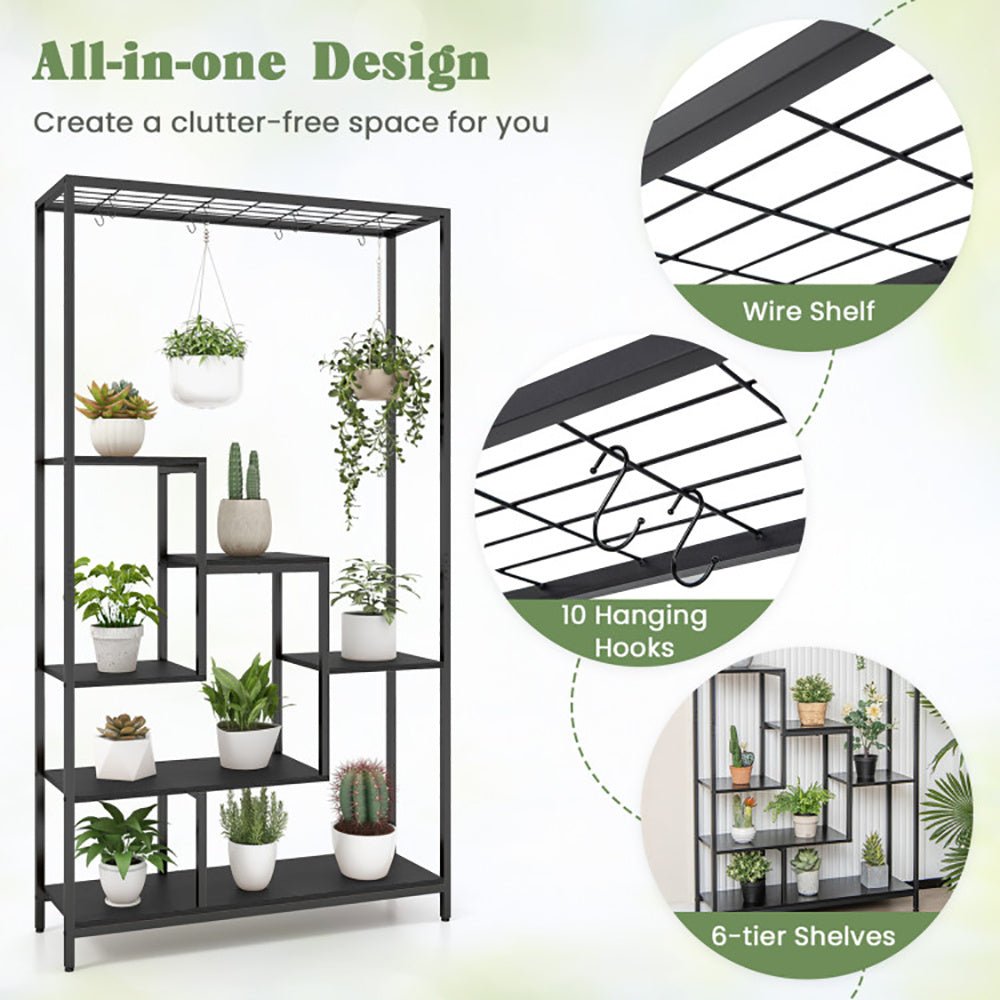 6 - Tier Tall Plant Stand 71 Inch Metal Indoor Plant Shelf With 10 Hanging Hooks - Tiny Zen Gardens