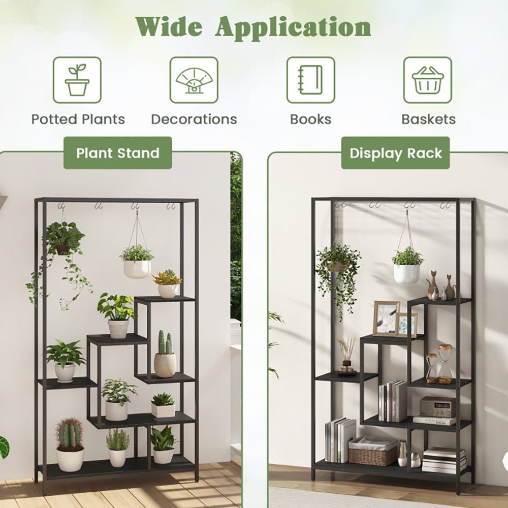 6 - Tier Tall Plant Stand 71 Inch Metal Indoor Plant Shelf With 10 Hanging Hooks - Tiny Zen Gardens
