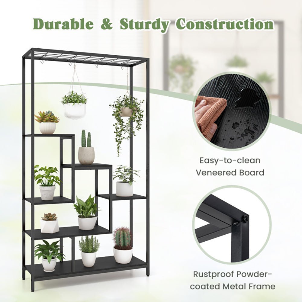6 - Tier Tall Plant Stand 71 Inch Metal Indoor Plant Shelf With 10 Hanging Hooks - Tiny Zen Gardens