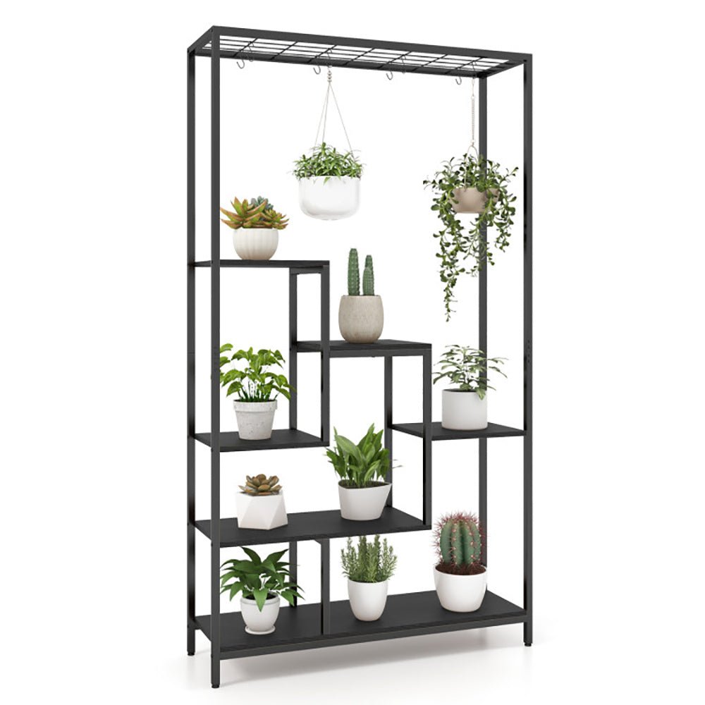 6 - Tier Tall Plant Stand 71 Inch Metal Indoor Plant Shelf With 10 Hanging Hooks - Tiny Zen Gardens