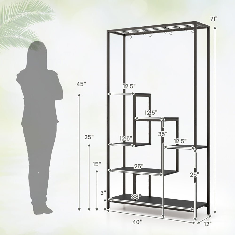 6 - Tier Tall Plant Stand 71 Inch Metal Indoor Plant Shelf With 10 Hanging Hooks - Tiny Zen Gardens