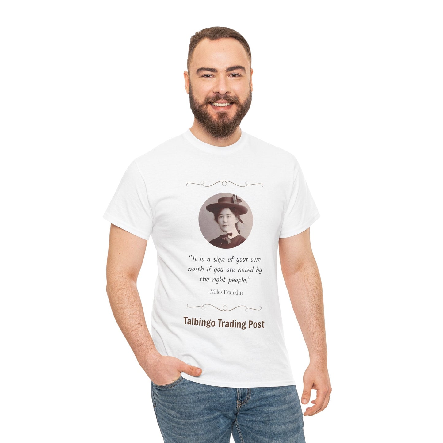 T-Shirt - Talbingo Trading Post Design with Miles Franklin Quote - Tiny Zen Gardens