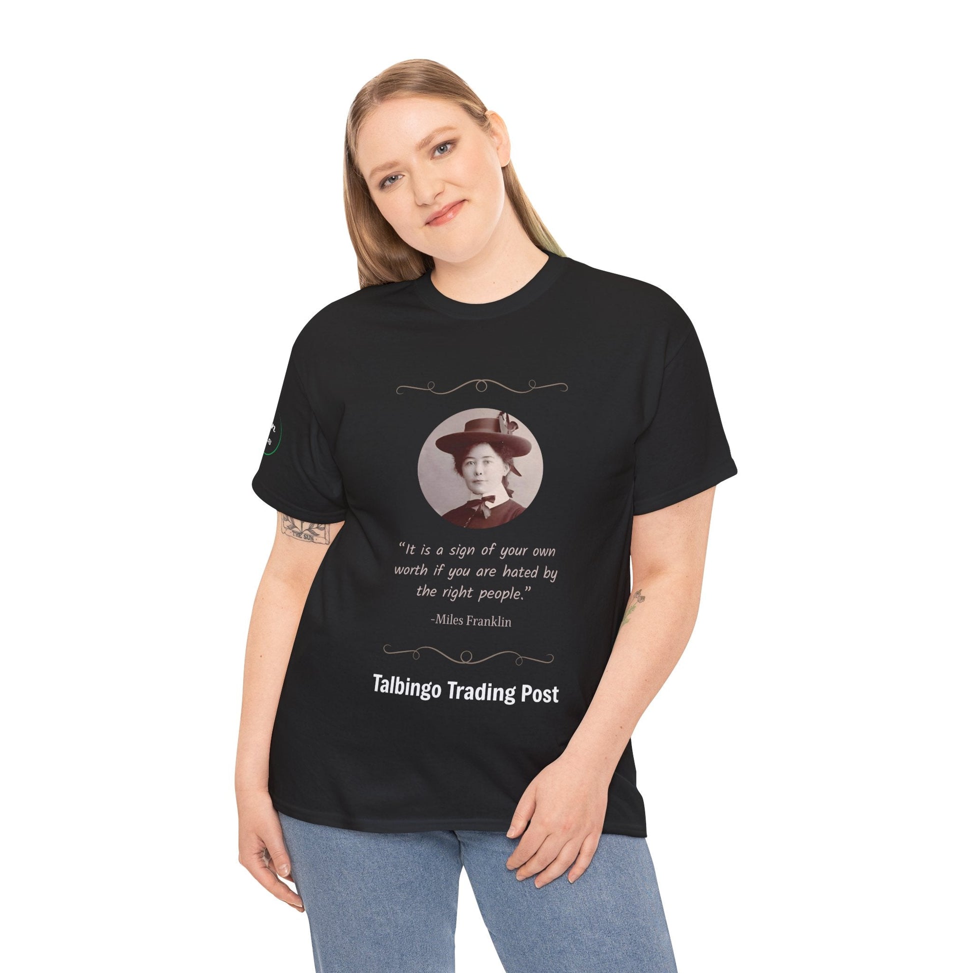 T-Shirt - Talbingo Trading Post Design with Miles Franklin Quote - Tiny Zen Gardens