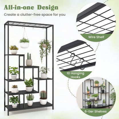 6 - Tier Tall Plant Stand 71 Inch Metal Indoor Plant Shelf With 10 Hanging Hooks - Tiny Zen Gardens