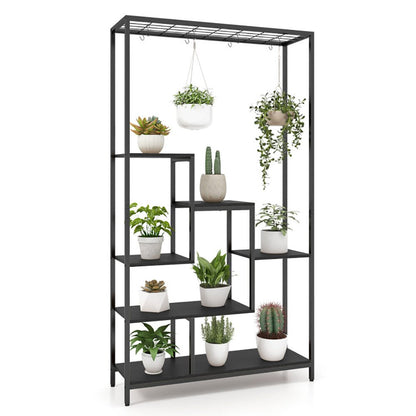 6 - Tier Tall Plant Stand 71 Inch Metal Indoor Plant Shelf With 10 Hanging Hooks - Tiny Zen Gardens
