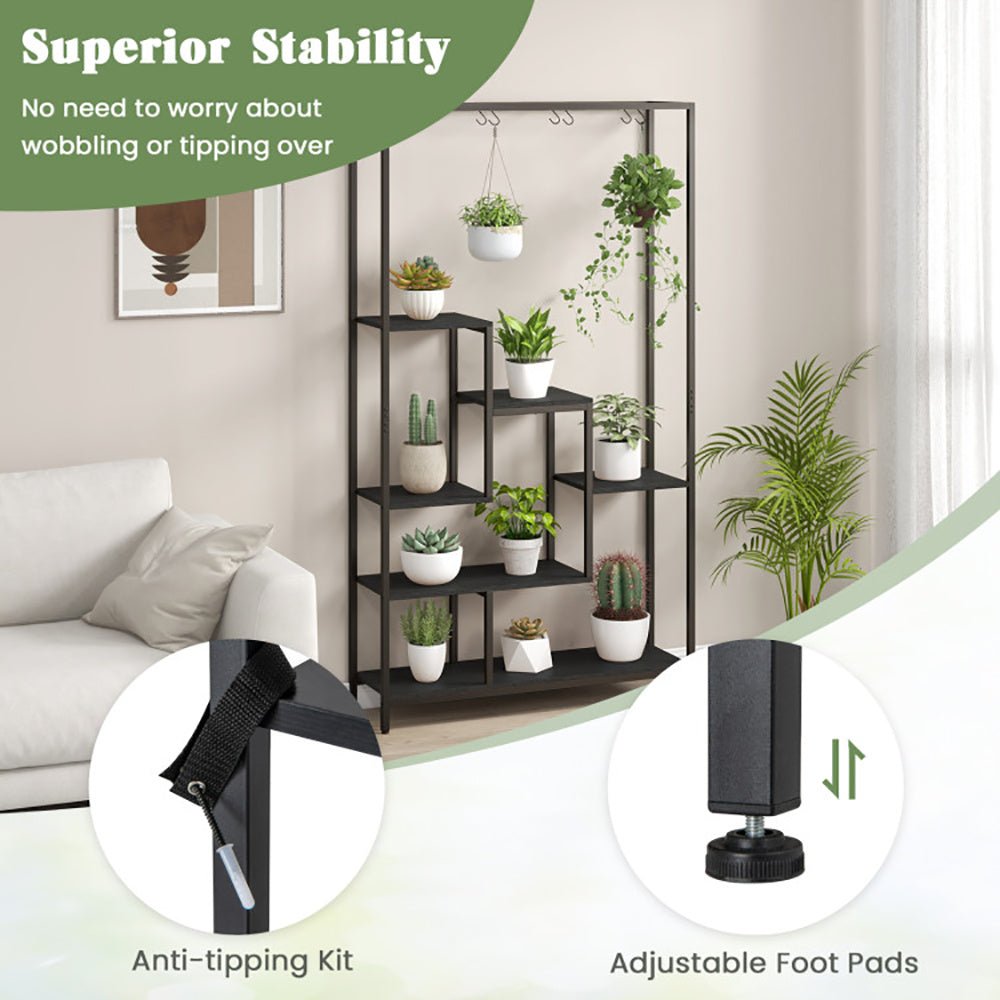 6 - Tier Tall Plant Stand 71 Inch Metal Indoor Plant Shelf With 10 Hanging Hooks - Tiny Zen Gardens