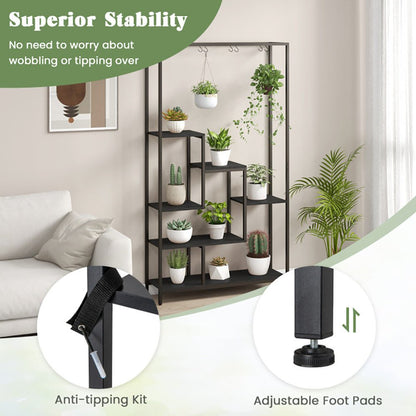 6 - Tier Tall Plant Stand 71 Inch Metal Indoor Plant Shelf With 10 Hanging Hooks - Tiny Zen Gardens