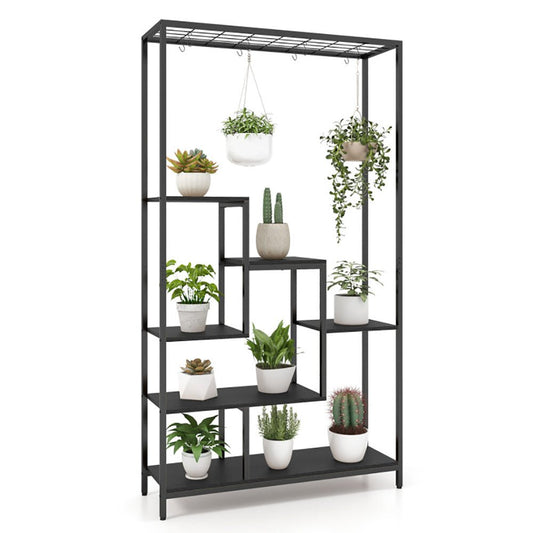 6 - Tier Tall Plant Stand 71 Inch Metal Indoor Plant Shelf With 10 Hanging Hooks - Tiny Zen Gardens