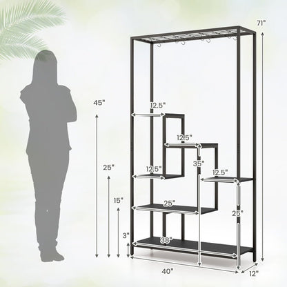6 - Tier Tall Plant Stand 71 Inch Metal Indoor Plant Shelf With 10 Hanging Hooks - Tiny Zen Gardens