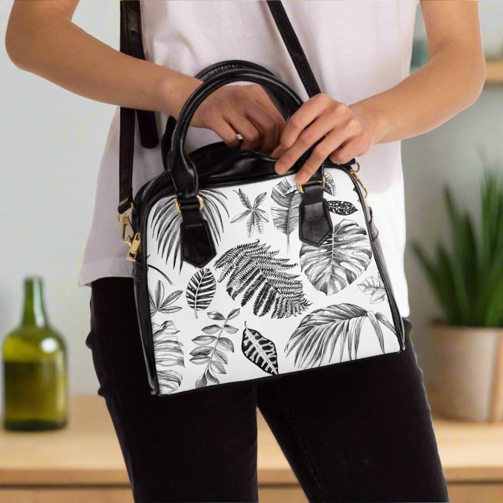 Handbag - Black and White Leaf Design - Tiny Zen Gardens