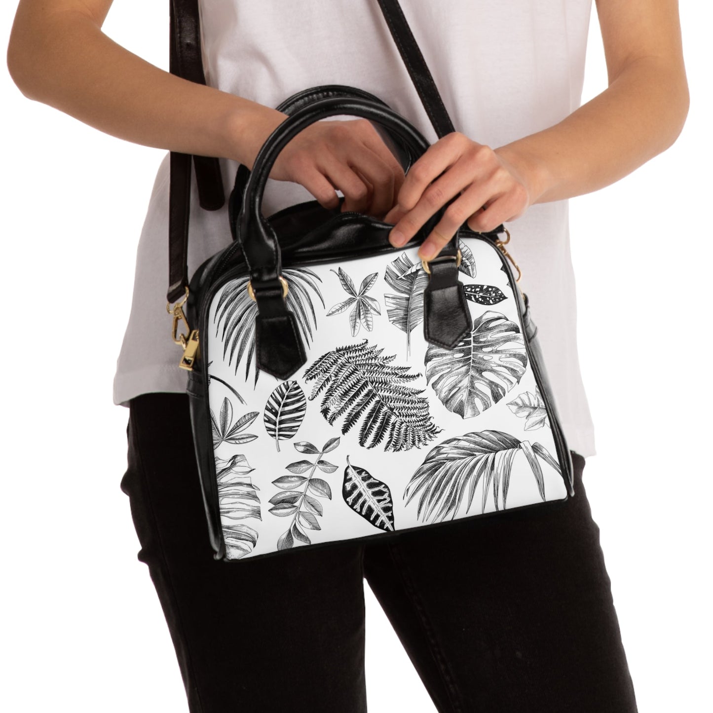 Handbag - Black and White Leaf Design - Tiny Zen Gardens