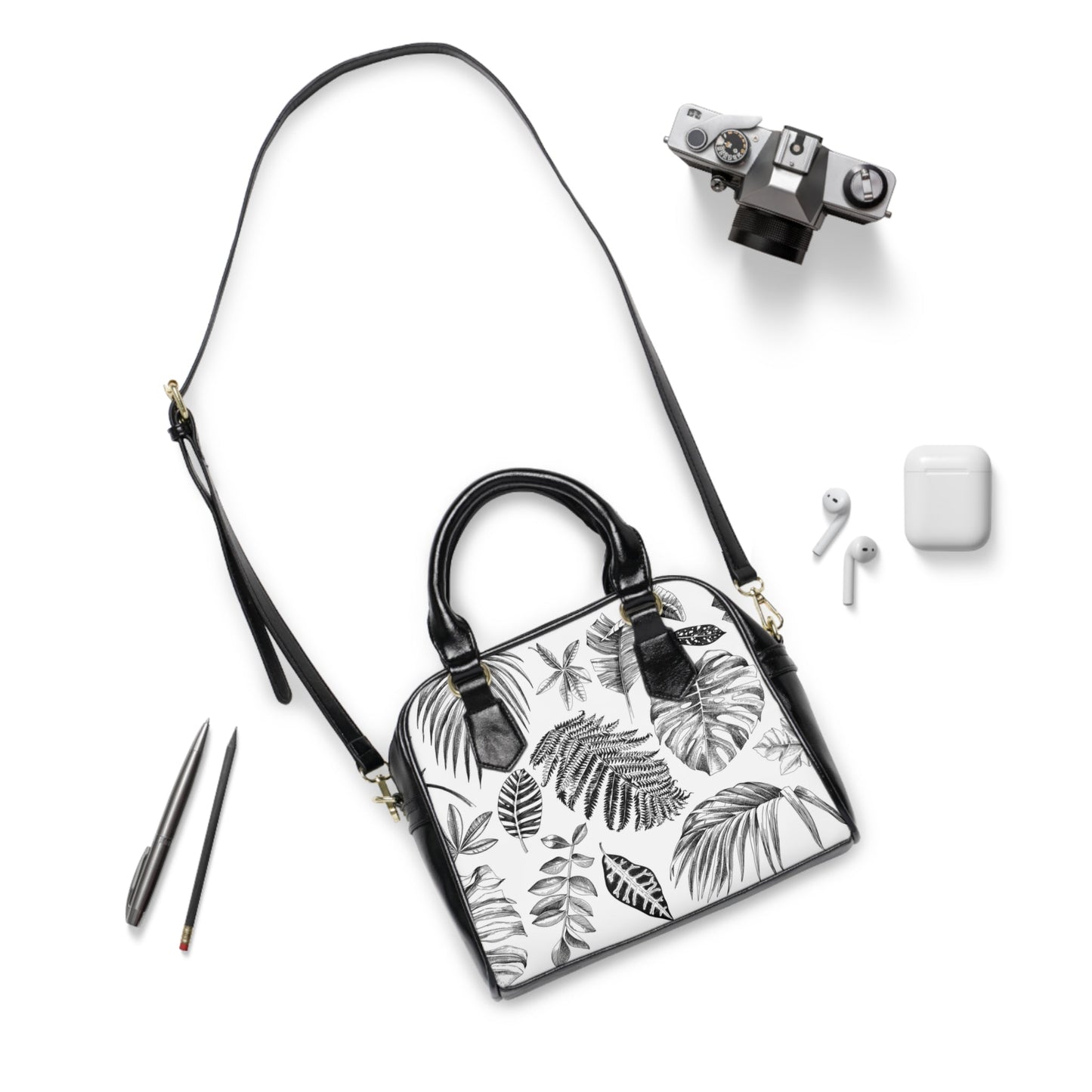 Handbag - Black and White Leaf Design - Tiny Zen Gardens